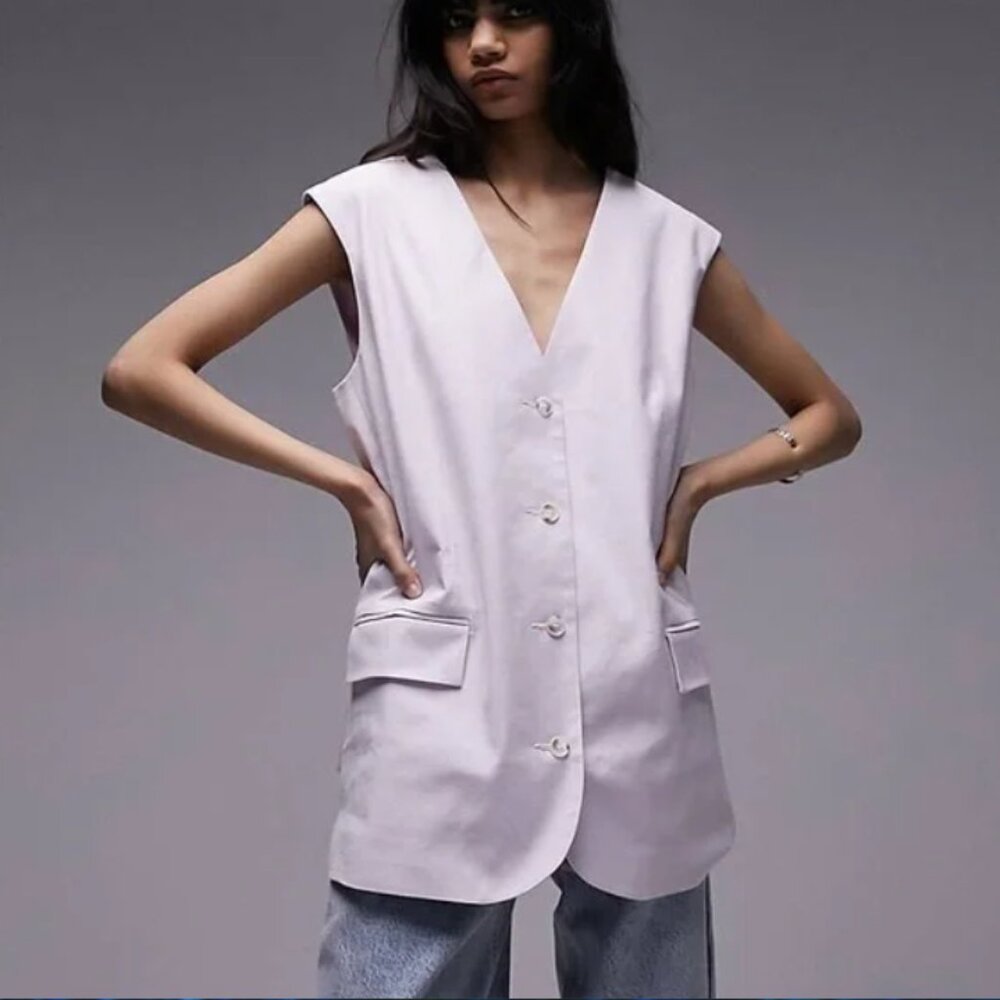 Topshop Lilac Linen Blend‎ Oversized Buttoned Vest Waistcoat Size 6 NEW